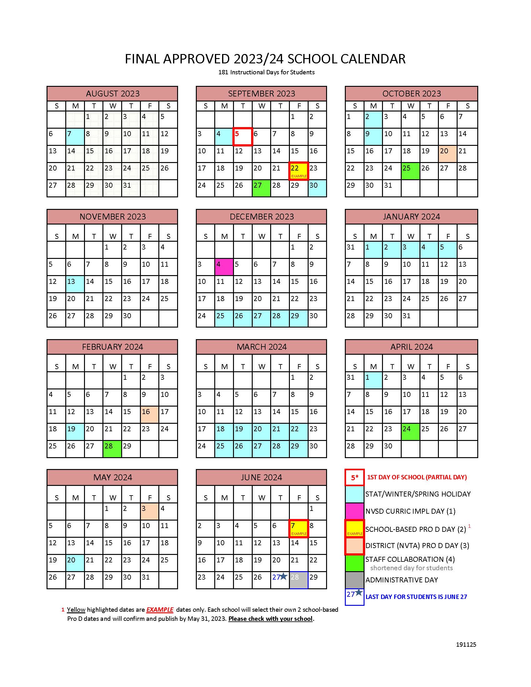 Approved School Year Calendar for 2023-2024